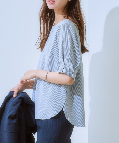 7days Life Styling(セブンデイズライフスタイリング)の「【吸汗速乾】デザインスリーブブラウス(ストレッチコードレーンシリーズ)(シャツ/ブラウス・レディース・ネイビー×ホワイト/ネイビー系・M/L/LL/3L/S)」の19枚目の写真