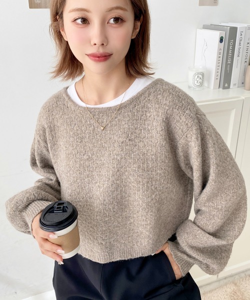 moment+(モーメントプラス)の「前後2WAYポップコーン編みスカラップリボンミックスニットカーディガン(カーディガン/ボレロ・レディース・モカ/ピンク/ナチュラル/チャコールグレー/ブラウン・M/L)」の13枚目の写真