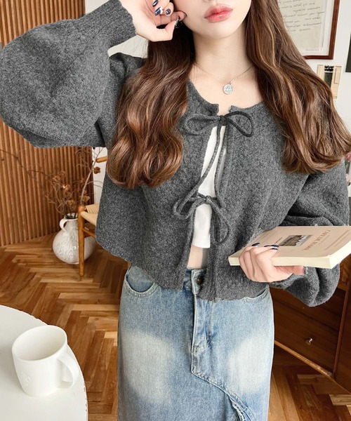 moment+(モーメントプラス)の「前後2WAYポップコーン編みスカラップリボンミックスニットカーディガン(カーディガン/ボレロ・レディース・モカ/ピンク/ナチュラル/チャコールグレー/ブラウン・M/L)」の6枚目の写真