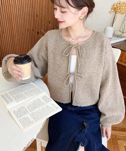 セール】前後2WAYポップコーン編みスカラップリボンミックスニット