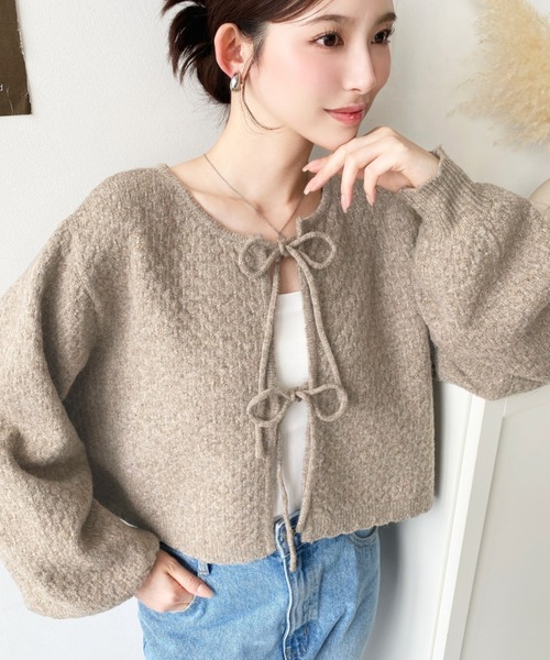 セール】前後2WAYポップコーン編みスカラップリボンミックスニット