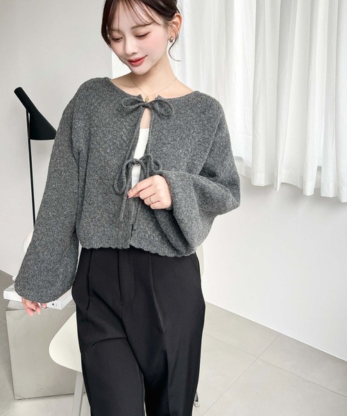 セール】前後2WAYポップコーン編みスカラップリボンミックスニット