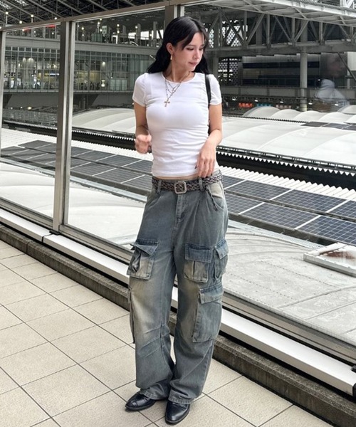 LUXSTYLE カーゴパンツ ケミカルウォッシュデニムカーゴパンツ