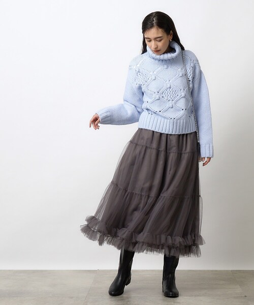 OPAQUE.CLIP（オペークドットクリップ）の「◆≪M-LLsize≫ ぽこぽこスカシ編み柄タートルニット【洗濯機洗い可】（ニット/セーター・レディース・サックスブルー/グレー/オフホワイト・38/42/40）」の10枚目の写真