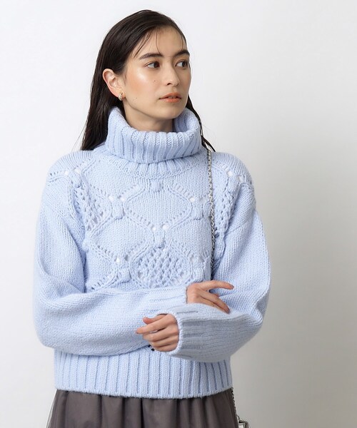 OPAQUE.CLIP（オペークドットクリップ）の「◆≪M-LLsize≫ ぽこぽこスカシ編み柄タートルニット【洗濯機洗い可】（ニット/セーター・レディース・サックスブルー/グレー/オフホワイト・38/42/40）」の12枚目の写真