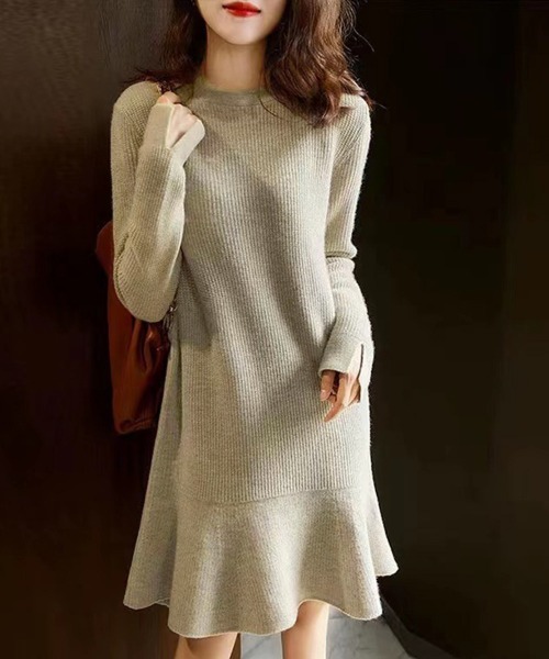 Miniministore（ミニミニストア）の「ニットワンピース ミニ丈 裾フレアワンピ（ワンピース・レディース・ベージュ/ブラック/ブラウン・フリー）」の4枚目の写真