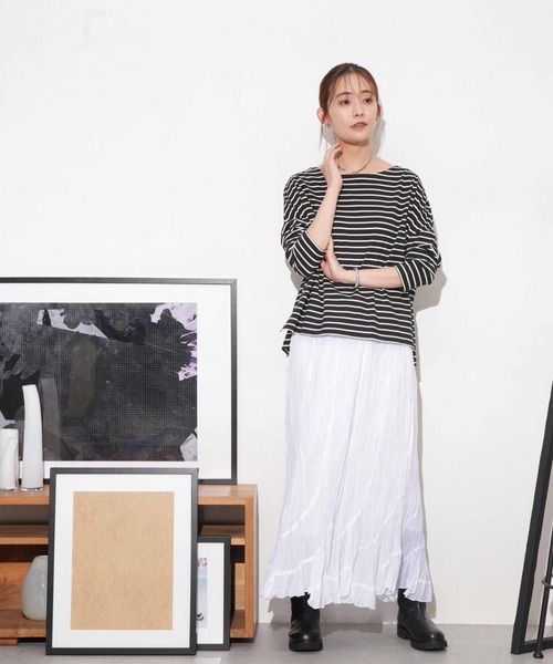 NANO universe（ナノユニバース）の「WEB限定/ボーダーワイドドロップトップス（Tシャツ/カットソー・レディース・オフホワイト/ブラック/ベージュ系その他/ベージュ/グレー系その他4・FREE）」の7枚目の写真