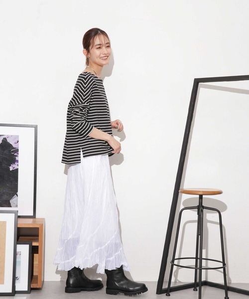 NANO universe（ナノユニバース）の「WEB限定/ボーダーワイドドロップトップス（Tシャツ/カットソー・レディース・オフホワイト/ブラック/ベージュ系その他/ベージュ/グレー系その他4・FREE）」の8枚目の写真