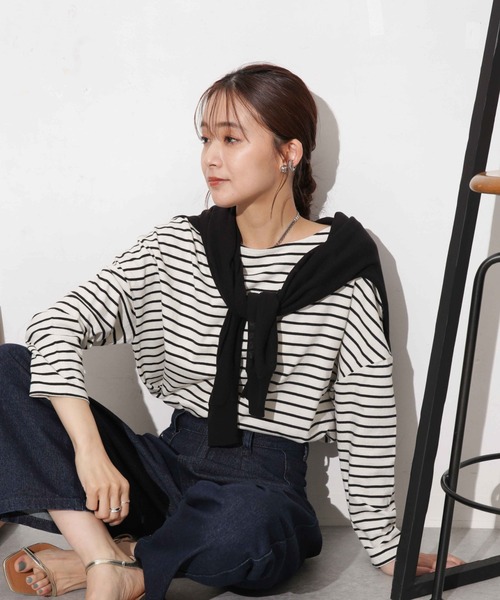 NANO universe（ナノユニバース）の「WEB限定/ボーダーワイドドロップトップス（Tシャツ/カットソー・レディース・オフホワイト/ブラック/ベージュ系その他/ベージュ/グレー系その他4・FREE）」の16枚目の写真