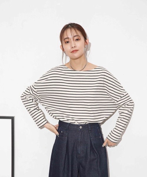 NANO universe（ナノユニバース）の「WEB限定/ボーダーワイドドロップトップス（Tシャツ/カットソー・レディース・オフホワイト/ブラック/ベージュ系その他/ベージュ/グレー系その他4・FREE）」の19枚目の写真