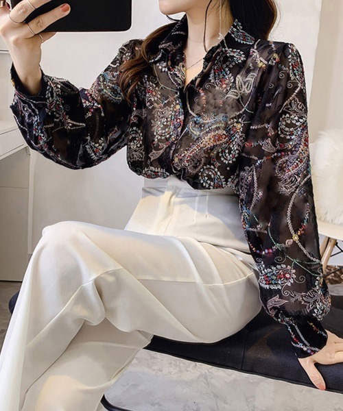 Miniministore（ミニミニストア）の「シャツブラウス 花柄 シアーブラウス長袖（シャツ/ブラウス・レディース・F/C/D/E/A/B・FREE）」の9枚目の写真