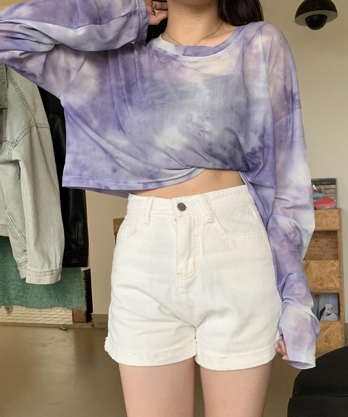 SHEPP(シープ)の「タイダイシアー ショートトップス(Tシャツ/カットソー・レディース・グレー/パープル・F)」の2枚目の写真