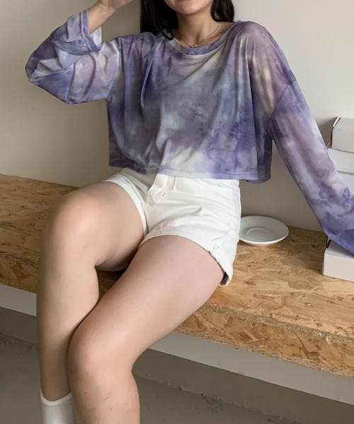 SHEPP(シープ)の「タイダイシアー ショートトップス(Tシャツ/カットソー・レディース・グレー/パープル・F)」の3枚目の写真