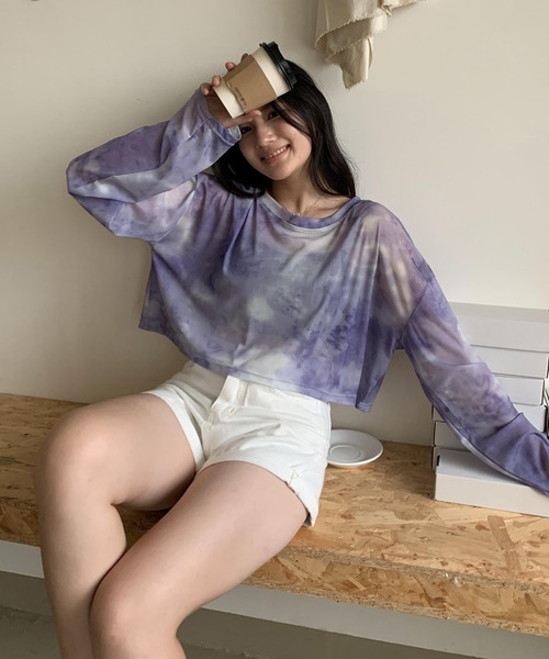 SHEPP(シープ)の「タイダイシアー ショートトップス(Tシャツ/カットソー・レディース・グレー/パープル・F)」の4枚目の写真