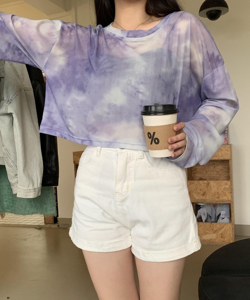 SHEPP(シープ)の「タイダイシアー ショートトップス(Tシャツ/カットソー・レディース・グレー/パープル・F)」の5枚目の写真