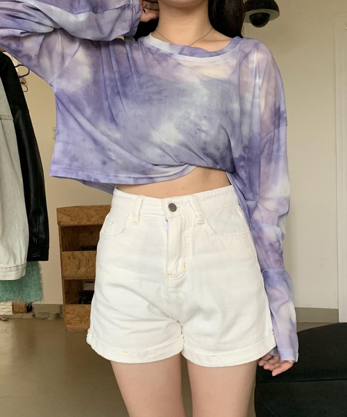 SHEPP(シープ)の「タイダイシアー ショートトップス(Tシャツ/カットソー・レディース・グレー/パープル・F)」の6枚目の写真
