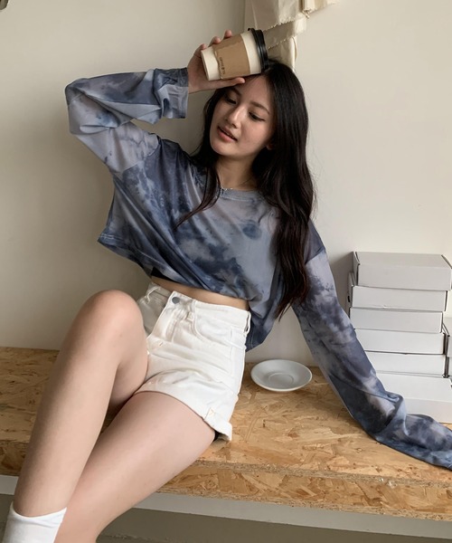 SHEPP(シープ)の「タイダイシアー ショートトップス(Tシャツ/カットソー・レディース・グレー/パープル・F)」の7枚目の写真