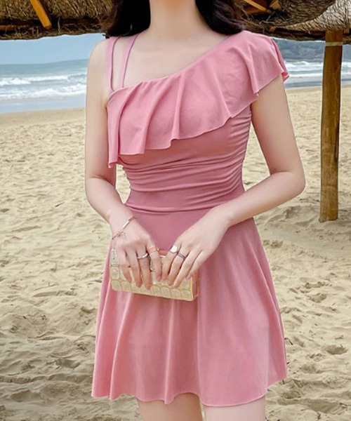 セール】ラッフル フリル ワンショルダー風 スイム ワンピース（水着