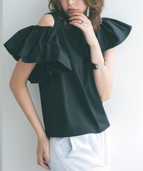 DONOBAN(ドノバン)の「フリルショルダーTee(Tシャツ/カットソー・レディース・ホワイト/ブラック・F)」の8枚目の写真