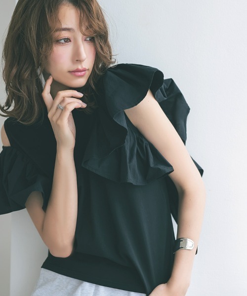 DONOBAN(ドノバン)の「フリルショルダーTee(Tシャツ/カットソー・レディース・ホワイト/ブラック・F)」の9枚目の写真