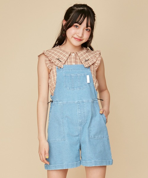 JENNI love（ジェニィラブ）の「【ウエスト調整可・ストレッチ素材】カラーショートサロペ（サロペット/オーバーオール・キッズ・サックスブルー/ラベンダー/ピンク・130cm/140cm/150cm/160cm）」の2枚目の写真