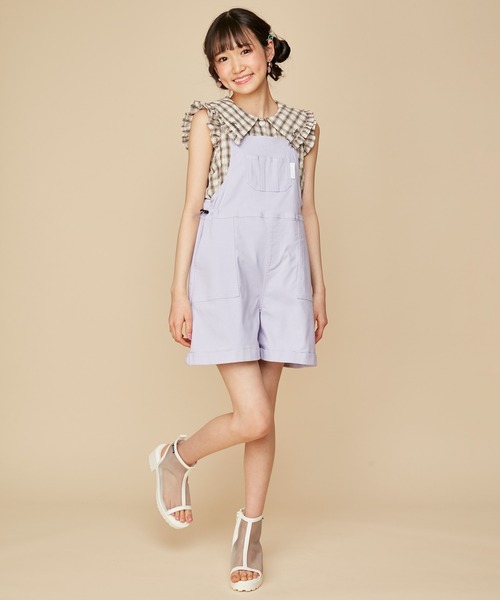 JENNI love（ジェニィラブ）の「【ウエスト調整可・ストレッチ素材】カラーショートサロペ（サロペット/オーバーオール・キッズ・サックスブルー/ラベンダー/ピンク・130cm/140cm/150cm/160cm）」の16枚目の写真