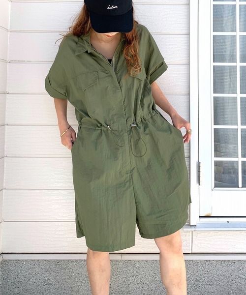 Q（キュー）の「サファリショートコンビネゾン（つなぎ/オールインワン・レディース・ライトグレー/オリーブ・MEDIUM）」の14枚目の写真