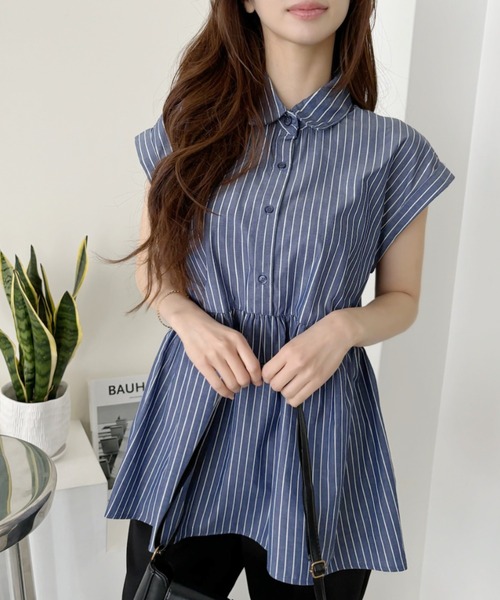 Eclat one（エクラワン）の「ストライプ フレンチスリーブ ペプラム