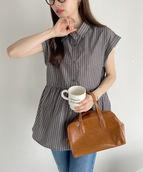 Eclat one(エクラワン)の「ストライプ フレンチスリーブ ペプラム シャツ ブラウス(シャツ/ブラウス・レディース・ブルー/ブラウン/グリーン/サックスブルー/イエロー/ネイビー・FREE)」の22枚目の写真