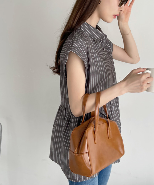 Eclat one(エクラワン)の「ストライプ フレンチスリーブ ペプラム シャツ ブラウス(シャツ/ブラウス・レディース・ブルー/ブラウン/グリーン/サックスブルー/イエロー/ネイビー・FREE)」の7枚目の写真