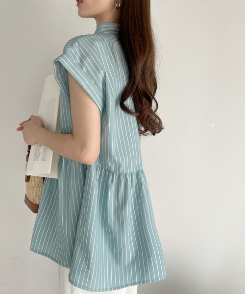 Eclat one(エクラワン)の「ストライプ フレンチスリーブ ペプラム シャツ ブラウス(シャツ/ブラウス・レディース・ブルー/ブラウン/グリーン/サックスブルー/イエロー/ネイビー・FREE)」の13枚目の写真