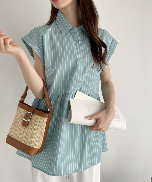 Eclat one(エクラワン)の「ストライプ フレンチスリーブ ペプラム シャツ ブラウス(シャツ/ブラウス・レディース・ブルー/ブラウン/グリーン/サックスブルー/イエロー/ネイビー・FREE)」の12枚目の写真