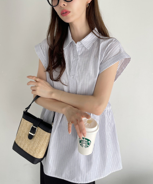 Eclat one(エクラワン)の「ストライプ フレンチスリーブ ペプラム シャツ ブラウス(シャツ/ブラウス・レディース・ブルー/ブラウン/グリーン/サックスブルー/イエロー/ネイビー・FREE)」の19枚目の写真