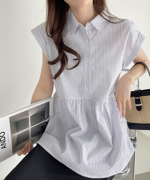 Eclat one(エクラワン)の「ストライプ フレンチスリーブ ペプラム シャツ ブラウス(シャツ/ブラウス・レディース・ブルー/ブラウン/グリーン/サックスブルー/イエロー/ネイビー・FREE)」の18枚目の写真