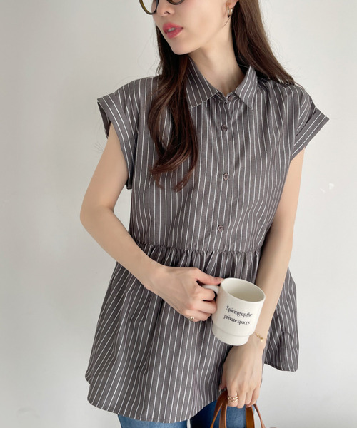 Eclat one(エクラワン)の「ストライプ フレンチスリーブ ペプラム シャツ ブラウス(シャツ/ブラウス・レディース・ブルー/ブラウン/グリーン/サックスブルー/イエロー/ネイビー・FREE)」の21枚目の写真
