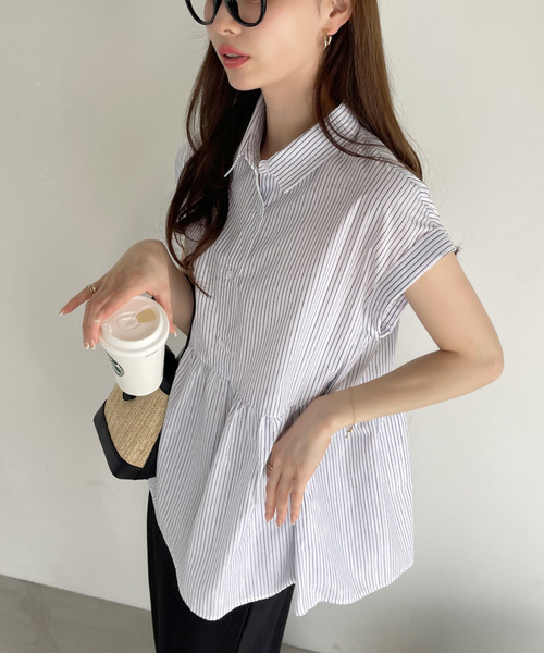 Eclat one(エクラワン)の「ストライプ フレンチスリーブ ペプラム シャツ ブラウス(シャツ/ブラウス・レディース・ブルー/ブラウン/グリーン/サックスブルー/イエロー/ネイビー・FREE)」の17枚目の写真