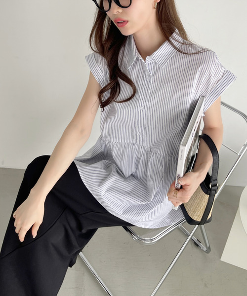 Eclat one(エクラワン)の「ストライプ フレンチスリーブ ペプラム シャツ ブラウス(シャツ/ブラウス・レディース・ブルー/ブラウン/グリーン/サックスブルー/イエロー/ネイビー・FREE)」の20枚目の写真