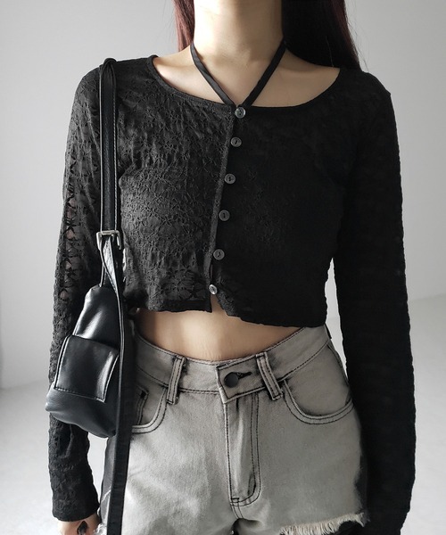 me+em select(ミームセレクト)の「【 2WAY 】クロスストラップリボンショートレースカーディガン / cross strap ribbon short lace cardigan(カーディガン/ボレロ・レディース・ブラック/アイボリー・FREE)」の19枚目の写真