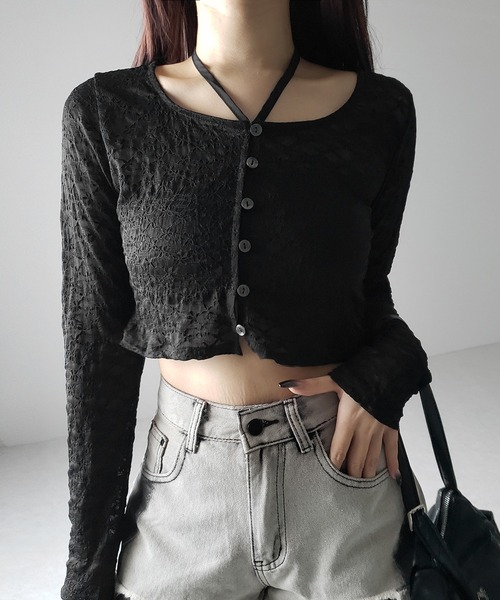 me+em select(ミームセレクト)の「【 2WAY 】クロスストラップリボンショートレースカーディガン / cross strap ribbon short lace cardigan(カーディガン/ボレロ・レディース・ブラック/アイボリー・FREE)」の20枚目の写真