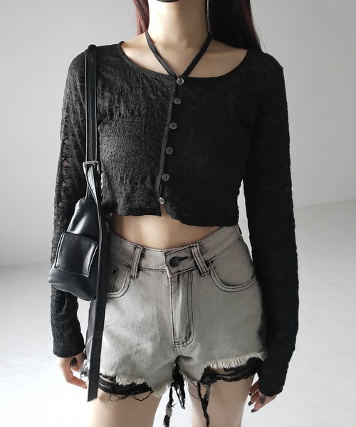 me+em select(ミームセレクト)の「【 2WAY 】クロスストラップリボンショートレースカーディガン / cross strap ribbon short lace cardigan(カーディガン/ボレロ・レディース・ブラック/アイボリー・FREE)」の21枚目の写真