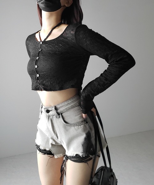 me+em select(ミームセレクト)の「【 2WAY 】クロスストラップリボンショートレースカーディガン / cross strap ribbon short lace cardigan(カーディガン/ボレロ・レディース・ブラック/アイボリー・FREE)」の22枚目の写真