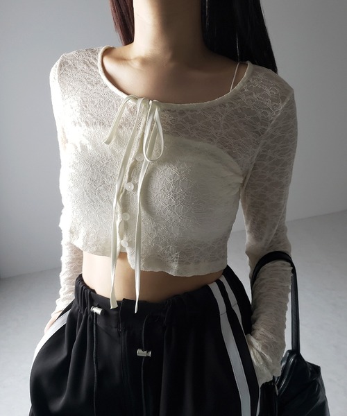 me+em select(ミームセレクト)の「【 2WAY 】クロスストラップリボンショートレースカーディガン / cross strap ribbon short lace cardigan(カーディガン/ボレロ・レディース・ブラック/アイボリー・FREE)」の5枚目の写真