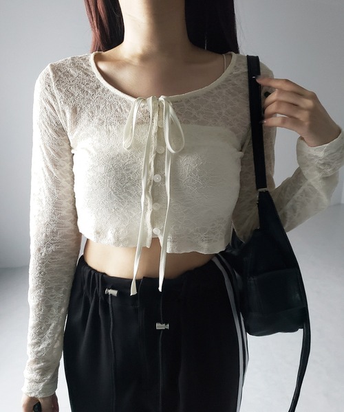 me+em select(ミームセレクト)の「【 2WAY 】クロスストラップリボンショートレースカーディガン / cross strap ribbon short lace cardigan(カーディガン/ボレロ・レディース・ブラック/アイボリー・FREE)」の7枚目の写真