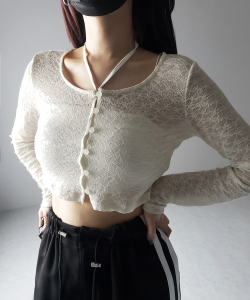 me+em select(ミームセレクト)の「【 2WAY 】クロスストラップリボンショートレースカーディガン / cross strap ribbon short lace cardigan(カーディガン/ボレロ・レディース・ブラック/アイボリー・FREE)」の9枚目の写真
