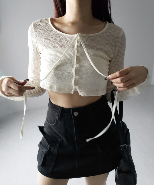 me+em select(ミームセレクト)の「【 2WAY 】クロスストラップリボンショートレースカーディガン / cross strap ribbon short lace cardigan(カーディガン/ボレロ・レディース・ブラック/アイボリー・FREE)」の10枚目の写真