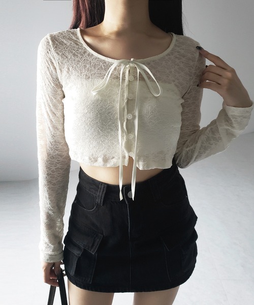 me+em select(ミームセレクト)の「【 2WAY 】クロスストラップリボンショートレースカーディガン / cross strap ribbon short lace cardigan(カーディガン/ボレロ・レディース・ブラック/アイボリー・FREE)」の12枚目の写真