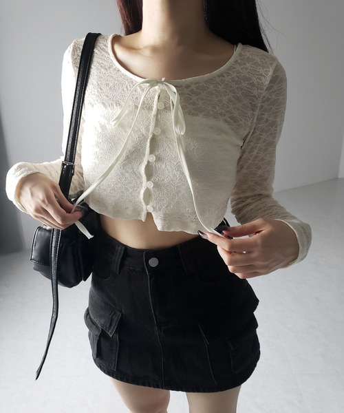 me+em select(ミームセレクト)の「【 2WAY 】クロスストラップリボンショートレースカーディガン / cross strap ribbon short lace cardigan(カーディガン/ボレロ・レディース・ブラック/アイボリー・FREE)」の13枚目の写真