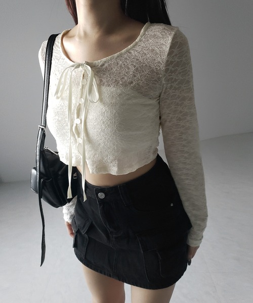 me+em select(ミームセレクト)の「【 2WAY 】クロスストラップリボンショートレースカーディガン / cross strap ribbon short lace cardigan(カーディガン/ボレロ・レディース・ブラック/アイボリー・FREE)」の14枚目の写真