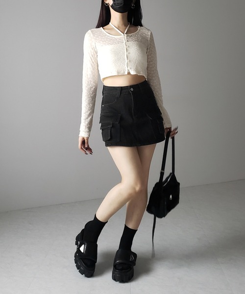 me+em select(ミームセレクト)の「【 2WAY 】クロスストラップリボンショートレースカーディガン / cross strap ribbon short lace cardigan(カーディガン/ボレロ・レディース・ブラック/アイボリー・FREE)」の15枚目の写真