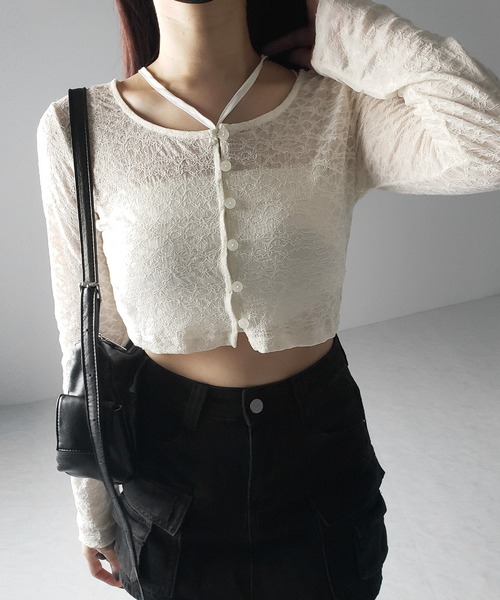me+em select(ミームセレクト)の「【 2WAY 】クロスストラップリボンショートレースカーディガン / cross strap ribbon short lace cardigan(カーディガン/ボレロ・レディース・ブラック/アイボリー・FREE)」の16枚目の写真